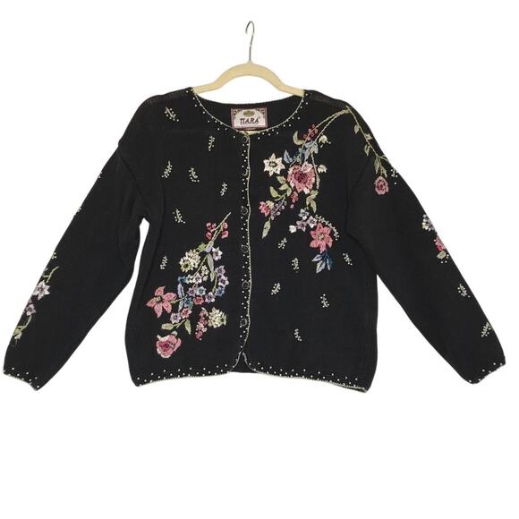 Tiara Sweaters - TIARA Vintage 90s Embroidered Knit Cardigan Women L Black Retro Unique Old Money